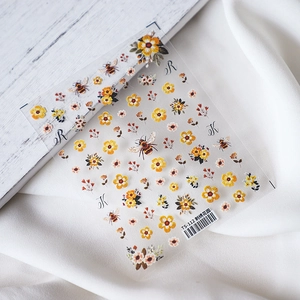 5D embossed nail art stickers with yellow floral and honeybee embroidery texture, TS-112