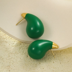 Minimalist green teardrop stud earrings with elegant gold plating for a modern fashion look