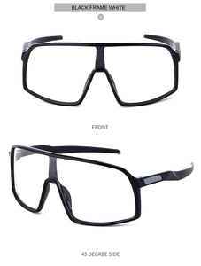 Front and 45-degree side view of black frame sports cycling sunglasses with clear lenses