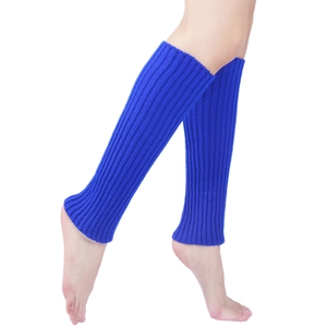 Detail of vibrant blue ribbed knit leg warmers showing textured vertical knit pattern