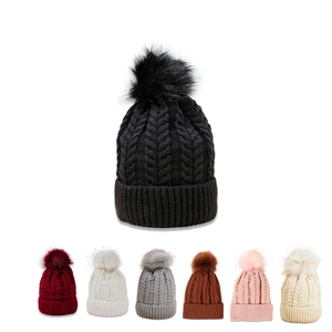 Winter Beanie Hat Acrylic Cable Knit Warm Fleece Lined With Faux Fur Pom Pom For Women Men Outdoor Cold Weather