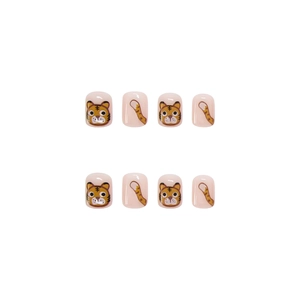 Cute cartoon tiger press-on nails in pink with hand-painted patterns for 8-piece set
