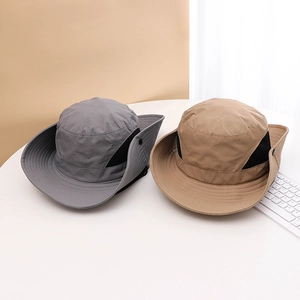 Outdoor sun hats in gray and khaki with breathable mesh and side snap buttons