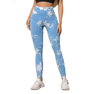 High-waist seamless blue and white tie-dye yoga pants with butt-lifting effect