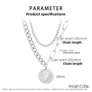 Detail showing dimensions of silver layered coin necklace with queen portrait pendant