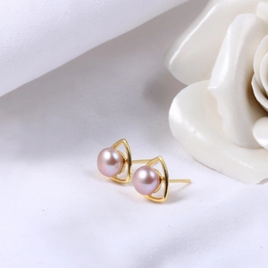 Elegant S925 silver triangle earrings with natural purple freshwater pearls on white fabric