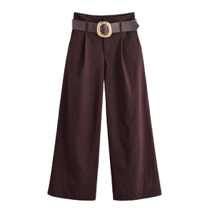 Pantaloni A Gamba Larga A Vita Alta Con Cintura Marrone Vintage Poliestere Retro Casual Pantaloni Lunghi Da Donna Chic