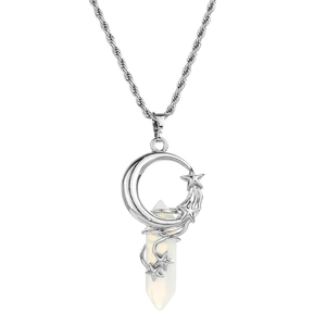 Silver necklace with moon and star pendant featuring a hexagonal crystal perfume bottle