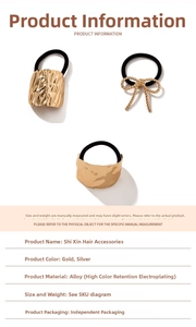 Detailed set of gold alloy hair ties featuring hammered rectangle and bow designs