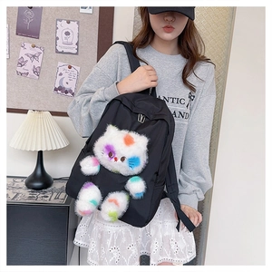Dettaglio dello zaino in nylon nero con decoro di gatto di peluche colorato per donna