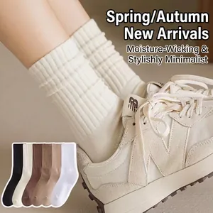 Cream ribbed mid-calf socks for women in classic knit cotton with multiple color options