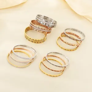 Stainless Steel Hollow Roman Numeral Bangle With Rhinestone Inlay Elegant Fashion Luxury Hand Jewelry For Women