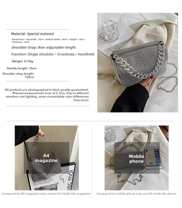 Detailed size guide and capacity view of the silver rhinestone chain shoulder handbag