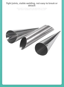 Close-up of three polished stainless steel conical baking molds with reinforced welding