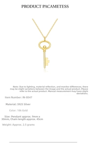 Detailed view of S925 silver key pendant with 18k gold finish and dimensions 9x30mm