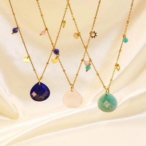Tropfenhänger Halskette Naturstein Edelstahl Facettierter Rosenquarz Stern Charm Vergoldet Eleganter Boho Schmuck