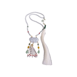 New Chinese-style flower beaded tassel necklace with white jade-like pendant