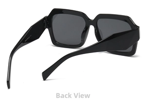 Detail view of large square black sunglasses showing temples and internal specifications