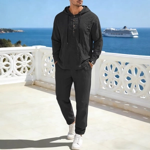 Men's black linen two-piece hooded shirt and pants set for outdoor leisure and vacations