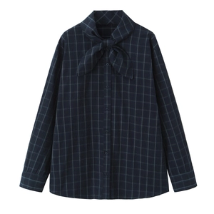Women Plaid Shirt Long Sleeve Bow Tie Neck Button Down Blouse Casual Office Commute Polyester Navy Blue