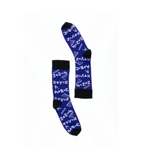 Close-up of royal blue cotton socks featuring knitted math formulas and geometric tools