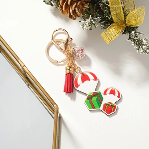 Porte-clés en Métal Père Noël Parachute Dessin Animé 3D Gland Rouge Boule Pailletée Pendentif Pour Cadeau Décoration Fête Noël