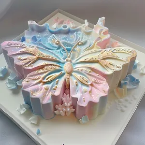 Detailopname van een 3D-vlinderkaars met pastelverloop en fijne glittertextuur