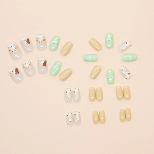 Kids short press-on nails featuring cute calico cat and fish patterns in 30 piece set