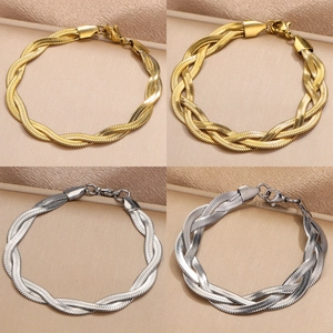 Flat snake bone braided double-layer necklaces in gold and silver finishes
