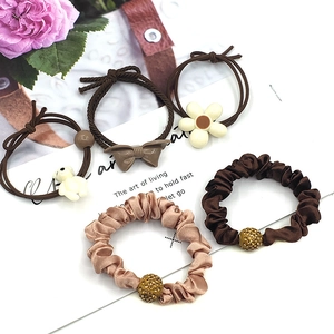 Set of 5 minimalist brown and beige scrunchies with floral and bear charms for hair