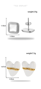 Detailed view of cream white heart and square titanium steel earrings with dimensions