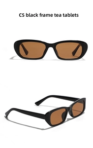 Detailed views of vintage narrow frame sunglasses with black frames and tea-tinted lenses