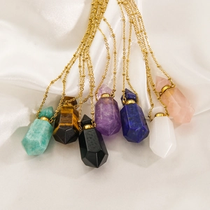 Natural gemstone perfume bottle necklaces with hexagonal quartz pendants on 14K gold chains