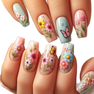 Floral butterfly press-on nails with 3D pearls and daisy patterns in macaron colors