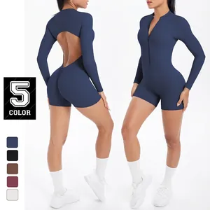 Women's Sexy Backless Yoga Jumpsuit Long Sleeve Half Zip Workout Bodysuit Scrunch Butt Fitness Romper One Piece Activewear