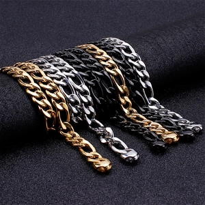 Classic stainless steel Figaro chain necklaces in gold, silver, and black metal finishes