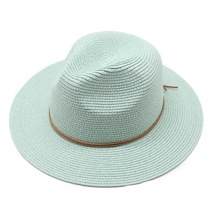 Classic light green straw fedora sun hat for women with a thin brown leather decorative band