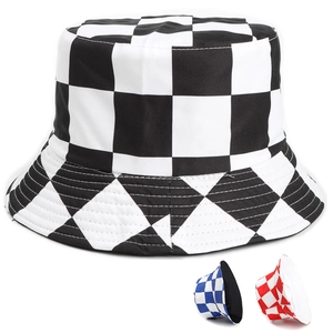 Checkerboard Print Bucket Hat Reversible Cotton Polyester Sun Hat Streetwear Casual Flat Top Unisex Fashion Outdoor