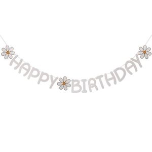 Striscione Happy Birthday minimalista con margherite bianche per compleanno di bambini