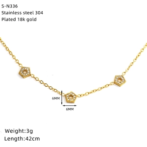 Detail view of 18K gold plated stainless steel necklace with three pavé crystal hexagons