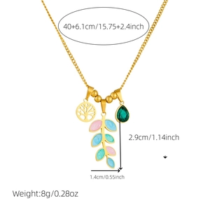 Collier en acier doré avec pendentif arbre de vie et feuilles émaillées colorées