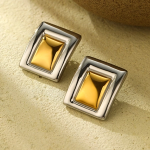 Square two-tone gold and silver stainless steel stud earrings in polished mirror finish