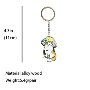 Detailed size and material specs for colorful mushroom cat keychain with 4.3 inch scale