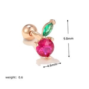 Detailed dimensions of rose gold stud earring with red gemstone and green leaf accents