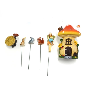 6-piece fairy garden set with resin mushroom house and miniature forest animals