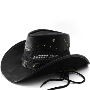 Western Cowboy Hat Suede Breathable Mesh Wide Brim Vintage Studded Adjustable Chin Strap For Outdoor Travel Unisex