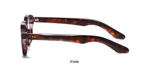 Detail view of tortoiseshell round frame sunglasses showing side profile and hinges