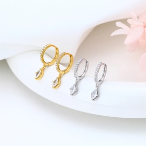 Minimalist S925 sterling silver hoop earrings with marquise-cut crystals in gold and silver