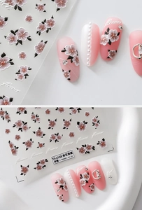 Macro detail of 3D embossed pink cherry blossom nail stickers with floral patterns