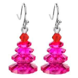 Creative pink Christmas tree drop earrings with layered crystal beads and silver hooks